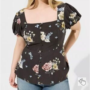 Torrid 00 Peplum Challis Puff Short Sleeve Top - Adrianne Floral - Black
